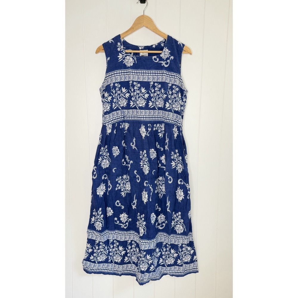 VTG Daffodil 100% Cotton Blue Floral Sleeveless Dress Prairie Scandinavian L